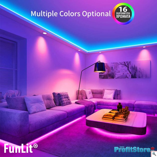Έξυπνη Ταινία LED Wifi με App Κινητού FunLit® RGB Φωτορυθμικό Funlite SMD5050 3m USB 30LED/2.4W/m 2.4GHz & Ασύρματο Χειριστήριο - Αυτοκόλλητος Ατμοσφαιρικός Φωτισμός Εσωτερικού Χώρου