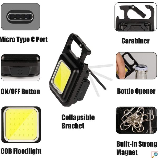 Αδιάβροχο Μπρελόκ Πολυεργαλείο με Φακό LED COB, Ανοιχτήρι, Ισχυρό Μαγνήτη, Κλιπ Καραμπίνερ, 4 Λειτουργίες Φωτισμού & USB Επαναφορτιζόμενο