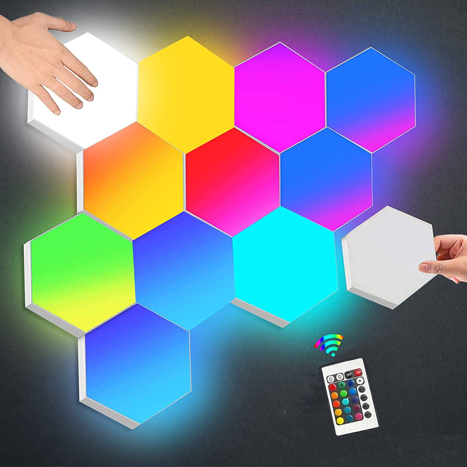 Hex On Εξαγωνικά Επιτοίχια Αυτοκόλλητα Φωτιστικά - Διακοσμητικά RGB LED Αφής με Τηλεχειριστήριο & Ρύθμιση Έντασης Φωτεινότητας 6τμχ.
