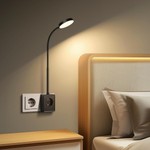 Φωτιστικό Ανάγνωσης LED με Πρίζα Τοίχου Schuko, USB-A και Type-C, Εύκαμπτος Λαιμός 360 μοίρες, Dimmer και 3 Χρώματα Φωτός, Μαύρο