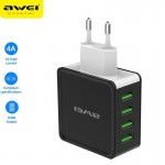 Τετραπλός Φορτιστής Πρίζας 100-240V με 4x USB Θύρες 4.0A Γρήγορης Φόρτισης - Αντάπτορας Τοίχου AWEI - Μαύρο, Λευκό