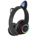 Bluetooth Ασύρματα & Ενσύρματα Ακουστικά Αυτιά Γάτας Αναδιπλούμενα με Πολύχρωμα Φώτα LED RGB - Μαύρο