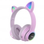 Bluetooth Ασύρματα & Ενσύρματα Ακουστικά Αυτιά Γάτας Αναδιπλούμενα με Πολύχρωμα Φώτα LED RGB - Μώβ