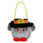 Τσαντάκι Halloween Τσόχινο Μάγισσας Γκρι με Μαύρο Καπέλο και Πράσινο Χερούλι 15x14cm, Trick or Treat