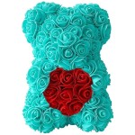 Αρκουδάκι από Τεχνητά Τριαντάφυλλα σε Συσκευασία Δώρου με Φιόγκο 25cm - Αρκούδι που κρατάει Καρδούλα Rose Bear - Δώρο Αγίου Βαλεντίνου Τιρκουάζ