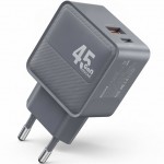 Ταχυφορτιστής GaN 45W - USB-C και USB-A, γρήγορη φόρτιση σε γκρι χρώμα