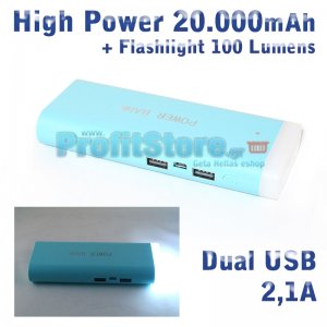 Ισχυρή USB Μπαταρία Φορτιστής Power Bank 20.000mah 2,1A με Φωτιστικό LED 100LM