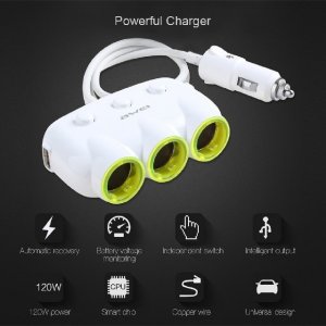 Φορτιστής Αυτοκινήτου AWEI C-35 Dual USB και 3 Socket Adapter