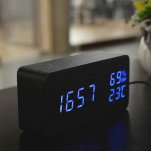 Επαναφορτιζόμενο Ηλεκτρονικό LED USB Ξύλινο Ρολόι, Ξυπνητήρι, Θερμόμετρο - LED Wooden Clock
