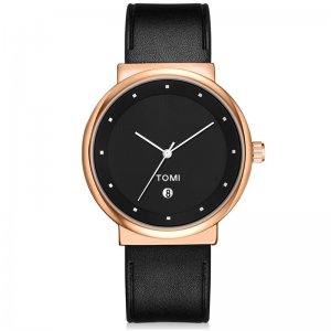 Ανδρικό Ρολόι TOMI - Leather Casual Analog Watch For Men Μαύρο - Χρυσό