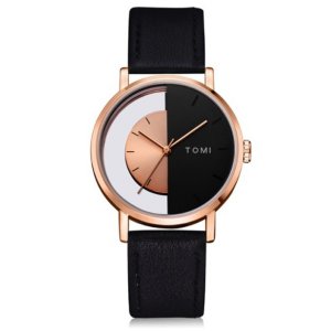 Κλασικό Ρολόι TOMI - Unisex Leather Casual Analog Watch Μαύρο - Ροζέ Χρυσό