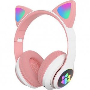 LED Bluetooth Ασύρματα On-Ear Ακουστικά Αυτιά Γάτας με Εναλλασσόμενο Φωτισμό - Wireless Cat Ear Headphones Λευκό,Ροζ