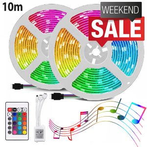 Αδιάβροχη Ταινία LED 10m (2x5m) RGB που Παίζει με την Μουσική - Φωτορυθμικό SMD5050 220V 30LED,2.4W,m &amp; Χειριστήριο - Αυτοκόλλητος Φωτισμός