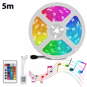 Αδιάβροχη Ταινία LED 5m RGB που Παίζει με την Μουσική - Φωτορυθμικό SMD5050 220V 30LED,2.4W,m &amp; Χειριστήριο - Αυτοκόλλητος Φωτισμός