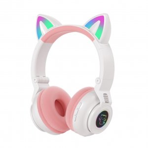 LED Bluetooth Ασύρματα On-Ear Ακουστικά Αυτιά Γάτας με Εναλλασσόμενο Φωτισμό - Wireless Cat Ear Headphones Λευκό,Ροζ