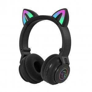 LED Bluetooth Ασύρματα On-Ear Ακουστικά Αυτιά Γάτας με Εναλλασσόμενο Φωτισμό - Wireless Cat Ear Headphones Μαύρο