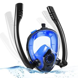 Sub Full Face Snorkel Mask - Ολοπρόσωπη Μάσκα Θάλασσας , Κατάδυσης με 2 Αναπνευστήρες και Βάση για Action Camera S,M για Παιδιά HJKB K2 Μπλέ,Μαύρη OEM