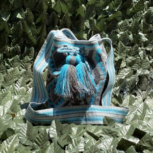 Μοναδική Χειροποίητη Κολομβιανή Boho Style Πλεκτή Τσάντα Azul Con Gris - Wayuu Mochila