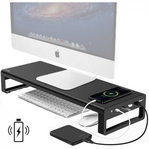 4x USB HUB &amp; Βάση για Οθόνη Υπολογιστή Η,Υ Γραφείου &amp; Ασύρματος Φορτιστής Fast Charge Vaydeer - Μαύρο Αλουμινίου