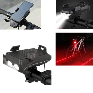 Αδιάβροχη USB Επαναφορτιζόμενη Βάση Κινητού Powerbank, Φως Πορείας, Οπίσθιος Φωτισμός LED &amp; Κόρνα - Φακός 400lm Ποδηλάτου - Bicycle Horn Lamp Μαύρο