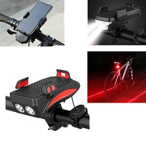 Αδιάβροχη USB Επαναφορτιζόμενη Βάση Κινητού Powerbank, Φως Πορείας, Οπίσθιος Φωτισμός LED &amp; Κόρνα - Φακός 400lm Ποδηλάτου - LED Bicycle Horn Κόκκινο