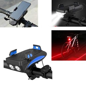 Αδιάβροχη USB Επαναφορτιζόμενη Βάση Κινητού Powerbank, Φως Πορείας, Οπίσθιος Φωτισμός LED &amp; Κόρνα - Φακός 400lm Ποδηλάτου - LED Bicycle Horn Μπλε