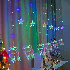 LED Χριστουγεννιάτικη Ασύμμετρη Κουρτίνα 3μ με Ελάφια, Αστέρια &amp; Φωτάκια RGB πολύχρωμο 100 LED Christmas Lights Stars &amp; Deers