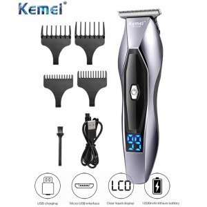 Kemei Eπαναφορτιζόμενη USB Κουρευτική - Ξυριστική Μηχανή με LCD Οθόνη, Πλήρες Σετ, με 4 Κεφαλές, Δοχείο για Λάδι &amp; Βουρτσάκι Καθαρισμού