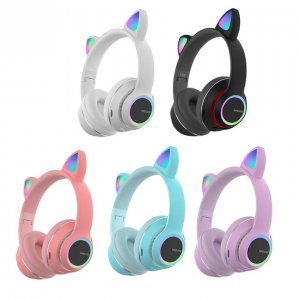 Bluetooth Ασύρματα &amp; Ενσύρματα Ακουστικά Αυτιά Γάτας Αναδιπλούμενα με Πολύχρωμα Φώτα LED RGB σε Διάφορα Χρώματα