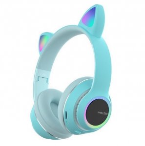 Bluetooth Ασύρματα &amp; Ενσύρματα Ακουστικά Αυτιά Γάτας Αναδιπλούμενα με Πολύχρωμα Φώτα LED RGB - Μπλέ
