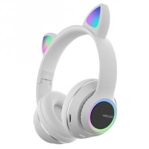 Bluetooth Ασύρματα &amp; Ενσύρματα Ακουστικά Αυτιά Γάτας Αναδιπλούμενα με Πολύχρωμα Φώτα LED RGB - Λευκό