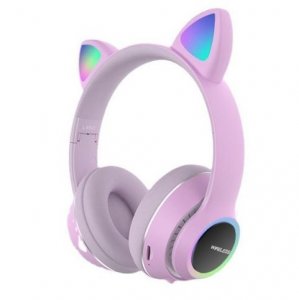 Bluetooth Ασύρματα &amp; Ενσύρματα Ακουστικά Αυτιά Γάτας Αναδιπλούμενα με Πολύχρωμα Φώτα LED RGB - Μώβ
