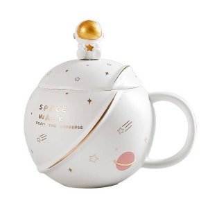 Τρισδιάστατη Κεραμική Κούπα Space Walk 350ml με Καπάκι &amp; Κουταλάκι - Λευκό