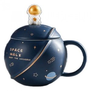 Τρισδιάστατη Κεραμική Κούπα Space Walk 350ml με Καπάκι &amp; Κουταλάκι - Μπλέ