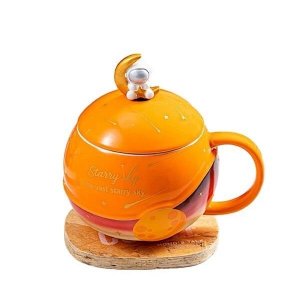Τρισδιάστατη Κεραμική Κούπα Starry Sky 350ml με Καπάκι &amp; Κουταλάκι - Πορτοκαλί