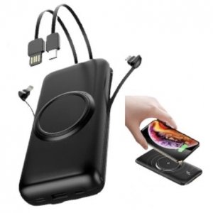 EZRA Power Bank 10000mAh για Ασύρματη &amp; Ενσύρματη Φόρτιση με 4 Διαφορετικά Ενσωματωμένα Καλώδια &amp; LED Ένδειξη Μπαταρίας
