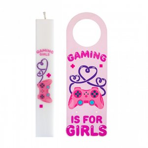 Σετ Παιδική Λαμπάδα με Εκτύπωση Gaming Girl σε Κερί Πλακέ 4,5x29,5cm &amp; Αναμνηστικό Ξύλινο Καδράκι 11x32cm