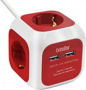 Πολύπριζο 4 Θέσεων με 2 x USB ExtraStar© Extended με Καλώδιο 1,5m &amp; Βάση Στήριξης Κόκκινο