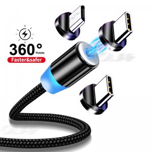 Μαγνητικό Καλώδιο Γρήγορης Φόρτισης 360ᵒ USB-A 3 σε 1 Lightning - USB-C - MicroUSB με Καλώδιο που δεν Μπλέκεται 1m &amp; LED Ένδειξη Φόρτισης