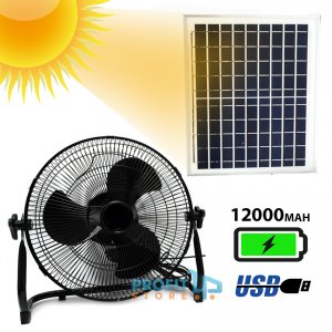 Ηλιακός Φορητός Επιδαπέδιος Ανεμιστήρας 36cm με Επαναφορτιζόμενη Μπαταρία 12000mAh 15W Τριών Ταχυτήτων &amp; USB Powerbank Έξοδο Φόρτισης - Μαύρο
