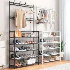 Μεταλλική Ραφιέρα Παπουτσοθήκη 170x60x26cm 5 Επιπέδων &amp; Κρεμάστρα Εισόδου, Τουαλέτας Μπάνιου για Παλτά, Μπουφάν &amp; Καπέλα Έπιπλο Εισόδου