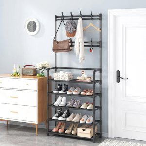 Μεταλλική Ραφιέρα Παπουτσοθήκη 170x60x26cm 5 Επιπέδων &amp; Κρεμάστρα Εισόδου, Τουαλέτας Μπάνιου για Παλτά, Μπουφάν &amp; Καπέλα Έπιπλο Εισόδου Μαύρο