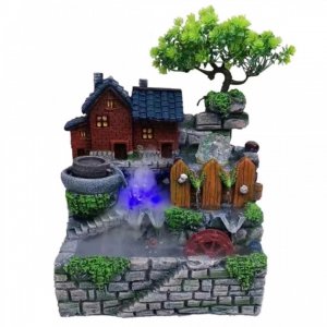 Διακοσμητικό Συντριβάνι Feng Shui με Σπιτάκι, Δέντρο, Τρεχούμενο Νερό &amp; Πολύχρωμο Φωτισμό LED 30x20x30 εκ