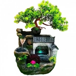 Διακοσμητικό Συντριβάνι Feng Shui με Σπιτάκι, Δέντρο, Kαταράκτη, Τρεχούμενο Νερό &amp; Πολύχρωμο Φωτισμό LED 19x14x30 εκ
