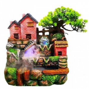 Διακοσμητικό Συντριβάνι Feng Shui με Σπιτάκι, Δέντρο, Τρεχούμενο Νερό &amp; Πολύχρωμο Φωτισμό LED 30x20x31 εκ
