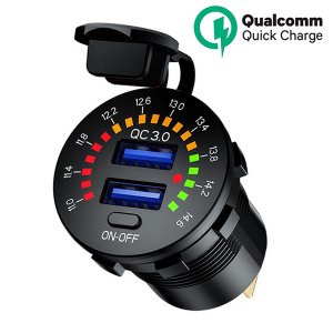 Αδιάβροχος 2x USB Ταχύ Φορτιστής QC3.0 12V Μηχανής , Μοτοσυκλέτας με Φωτεινό Βολτόμετρο - Μαύρο