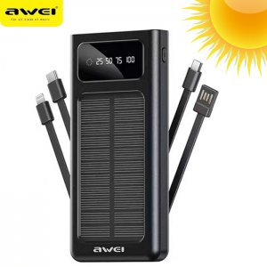 Ηλιακό Επαναφορτιζόμενο Power Bank Awei - Μπαταρία Φορτιστής 10000mAh με Διπλό LED Φακό, LED Ένδειξη Μπαταρίας, 2 Θύρες USB &amp; 3 Καλώδια Φόρτισης