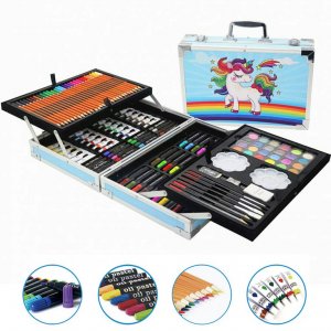KidsArt Πλήρες Φορητό Σετ Βαλιτσάκι Ζωγραφικής 145τμχ Παιδικό με Μαρκαδόρους, Ξυλομπογιές, Νερομπογιές, Πινέλα 35cm - Children Art Set Loco Μονόκερος