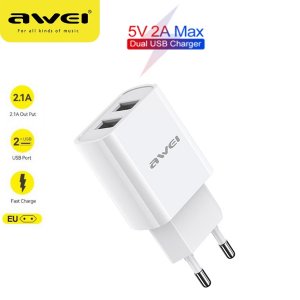 Awei Φορτιστής Πρίζας με 2 Θύρες USB 2.1A Γρήγορης Φόρτισης - Λευκό