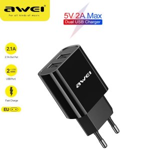 Awei Φορτιστής Πρίζας με 2 Θύρες USB 2.1A Γρήγορης Φόρτισης - Μαύρο